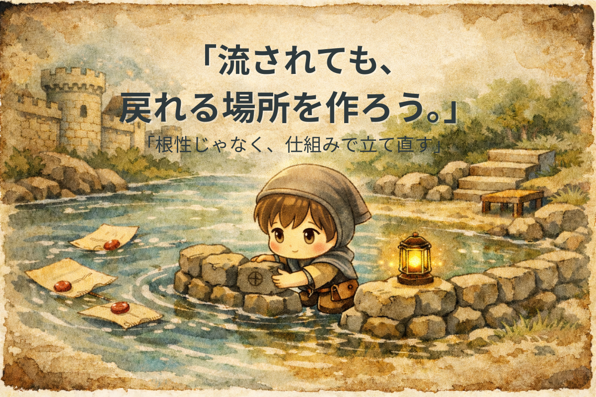 川に流されそうなデフォルメ人物が石を積んで小さな堤防を作り、ランタンが灯る水彩イラスト