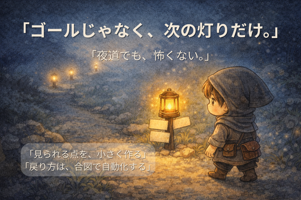 霧の夜道に灯るチェックポイントのランタンを見ながら歩くデフォルメ人物の水彩イラスト