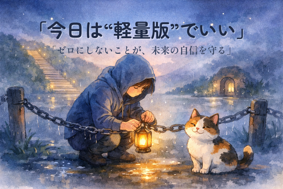 雨上がりの夜、ランタンを持つ人物が切れそうな鎖をつなぎ直し、三毛猫が見守る幻想水彩イラスト（軽量版でも継続が大切）