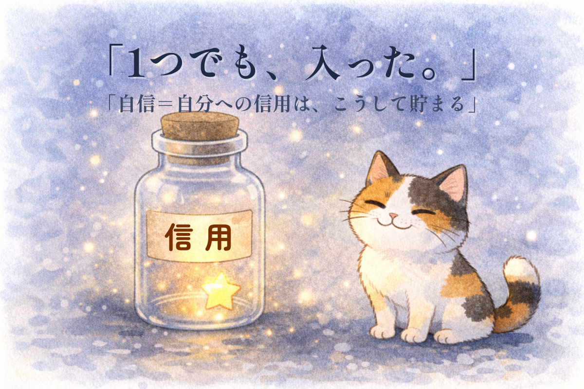 星が一つ入った透明な瓶がほのかに光り、三毛猫がうなずく幻想水彩イラスト（0と1の差・信用残高）