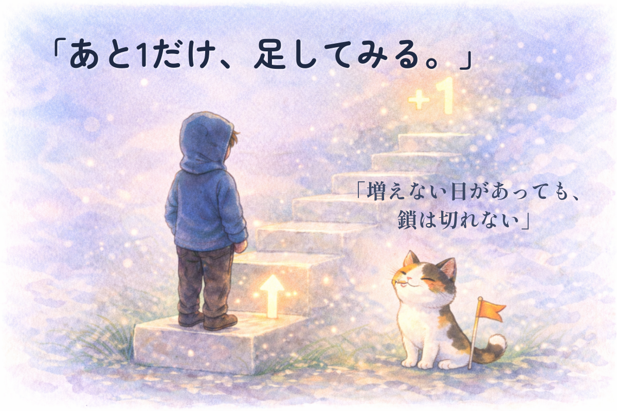 淡い光の階段の一段目に立つ大人の人物と三毛猫の幻想水彩イラスト（あと1回・あと1問で継続を伸ばす）