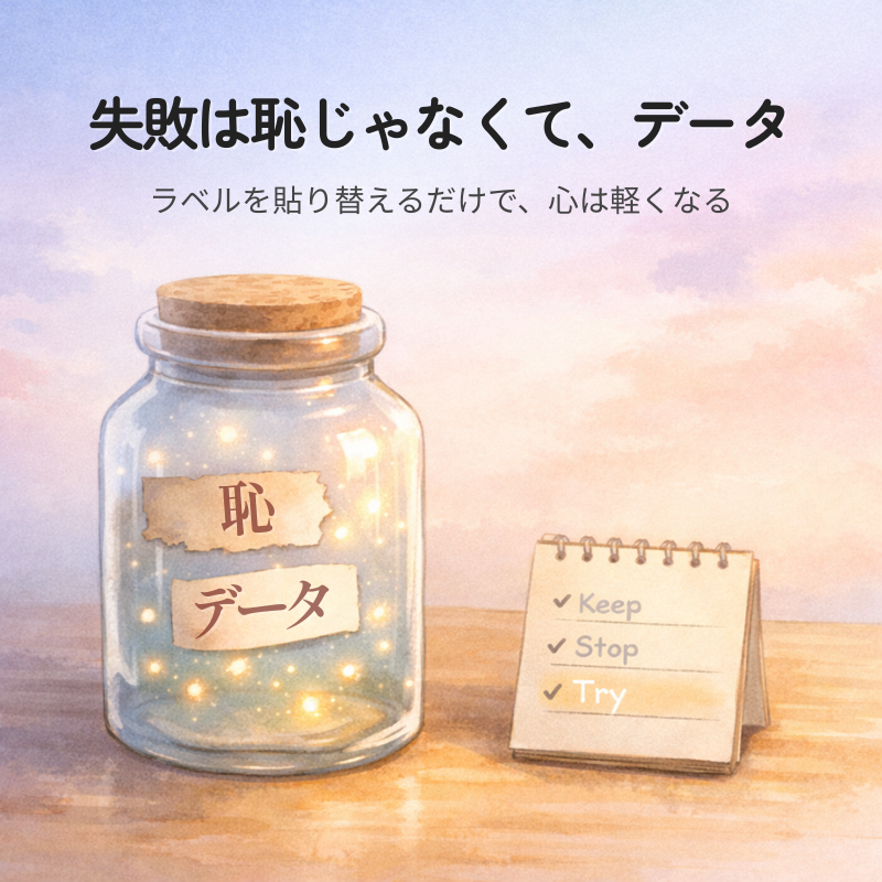 透明な瓶の中で光の粒が漂い、古い「恥」のラベルと新しい「データ」のラベルが貼られた水彩イラスト