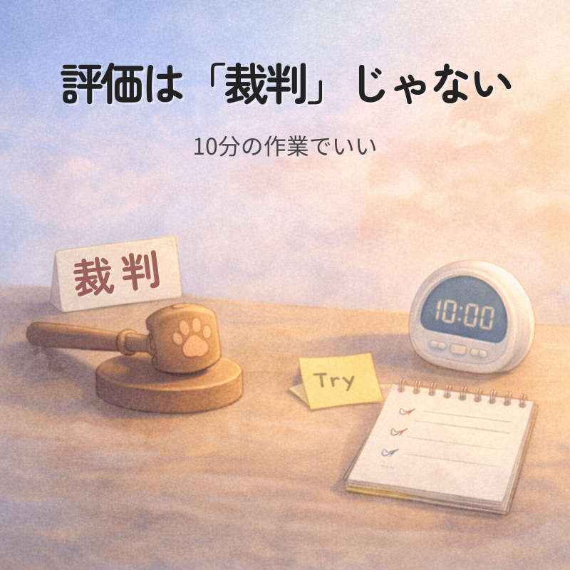 肉球スタンプ付きの木槌とタイマー、チェックリストが机に並び、評価を軽くする意図が伝わる水彩イラスト