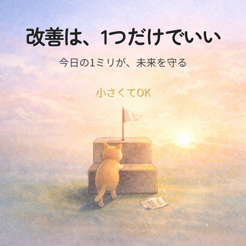 朝の光の中、1段だけの階段を小さな猫が登り、小さな旗が立つ穏やかな水彩イラスト
