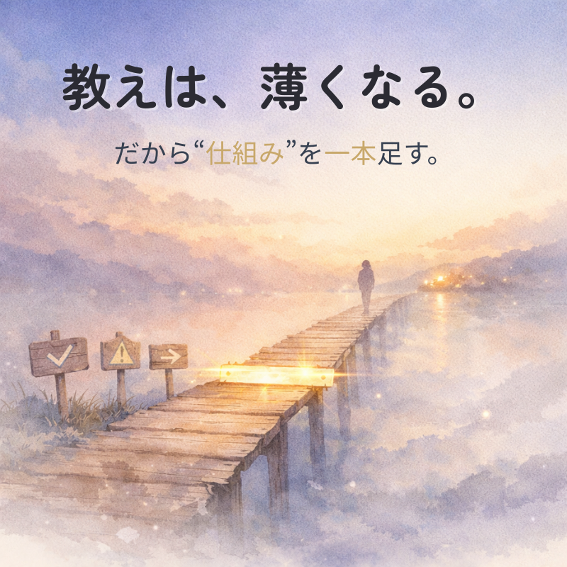 薄くかすれた木の橋に、一本だけ光る補強材が加わり、遠くの灯りへ続く水彩イラスト