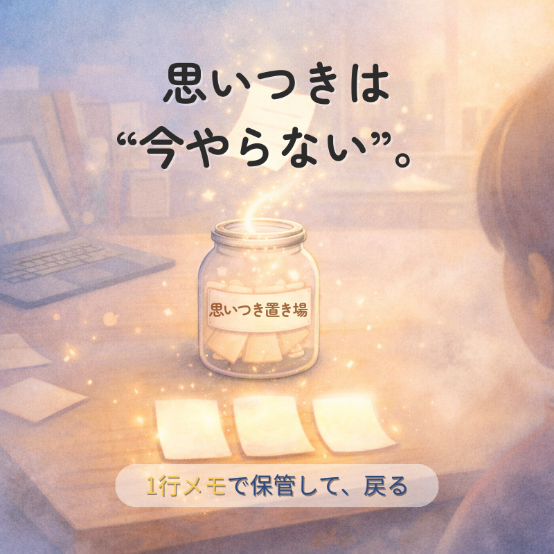 「机の上の瓶『思いつき置き場』にメモが光の粒とともに吸い込まれ、目の前の作業が1つだけ光るイラスト」
