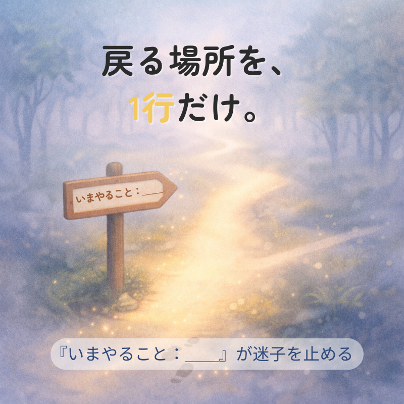 「霧の中の分かれ道に『いまやること：＿＿』の木の標識が立ち、一本の道だけ光り足跡が一歩だけあるイラスト」