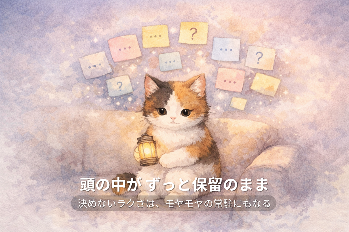 ソファに座る三毛猫の頭上に、記号付きの付箋が雲のように浮かぶ水彩イラスト（保留が常駐して疲れるイメージ）