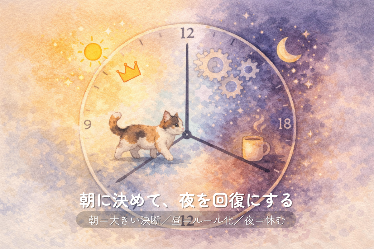 朝昼夜の区分が分かる24時間時計と、針の上を歩く猫の水彩イラスト（朝は重要決断、昼は作業、夜は回復）