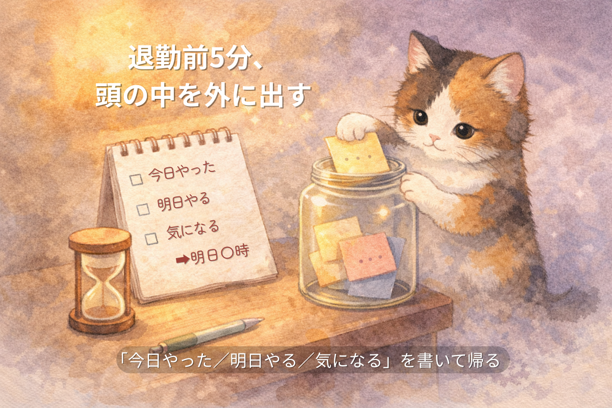退勤前5分のメモ習慣を表す水彩イラスト：チェックリストのメモ帳と砂時計、付箋を瓶にしまう三毛猫