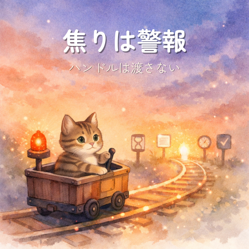 夕暮れの空の下、小さな列車に乗ったキジトラ猫がブレーキレバーに手を添え、光るレールの先の灯りを見つめるイラスト