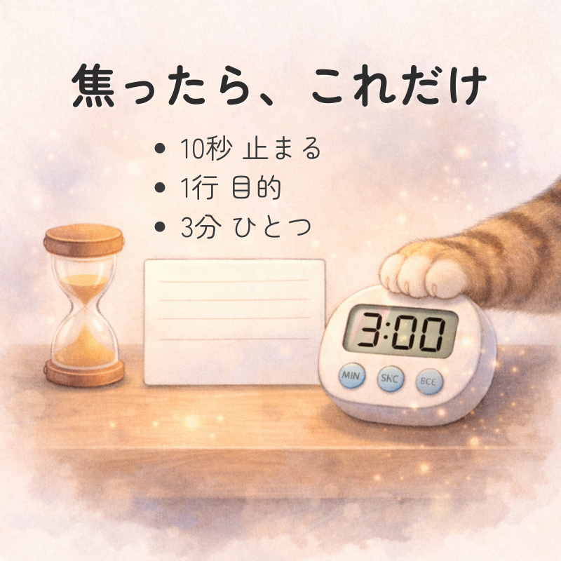 砂時計とメモカードとキッチンタイマーが机に並び、キジトラ猫の手がそっと触れている水彩イラスト