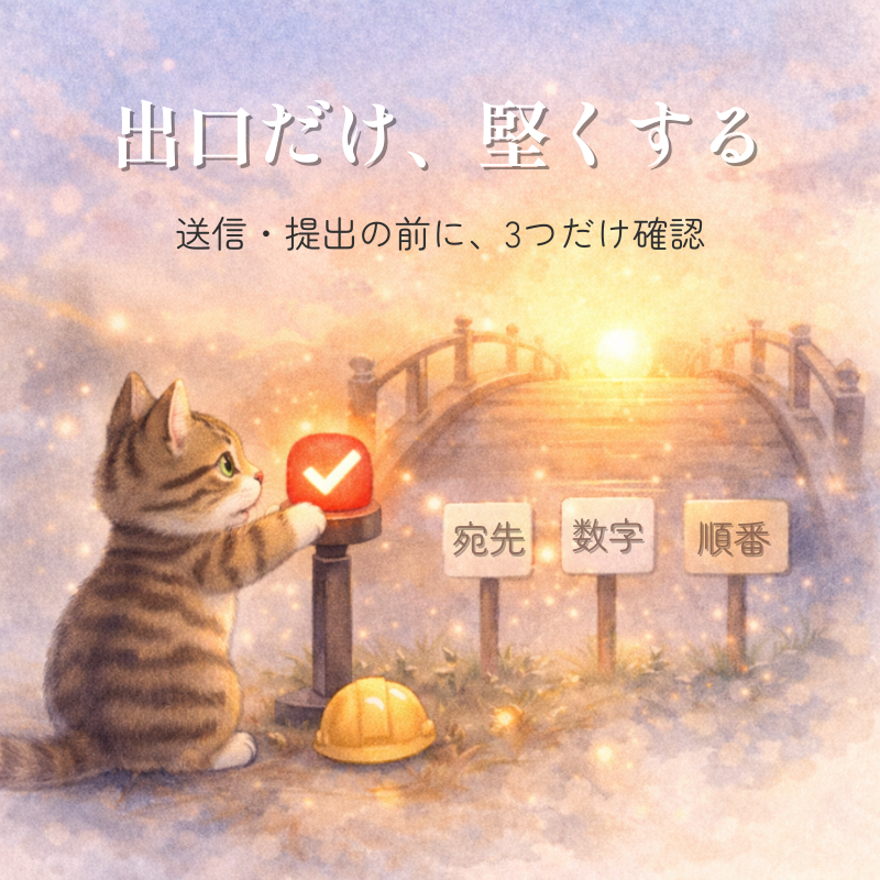 夜明けの橋の手前でキジトラ猫がチェックランプを点灯し、宛先・数字・順番を示す標識と小さなヘルメットが置かれているイラスト