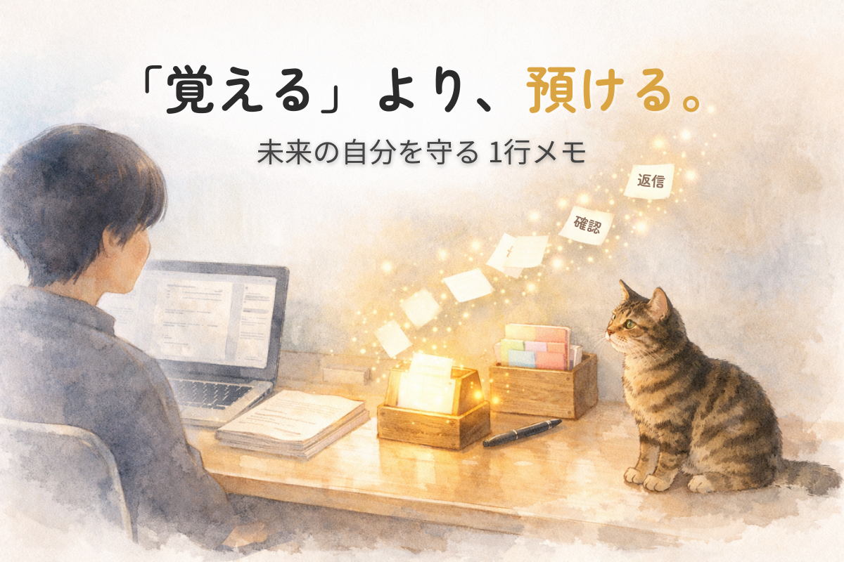 机の左に集中スペース、右上にメモ避難所があり、光る紙片がメモへ吸い込まれていく水彩イラスト