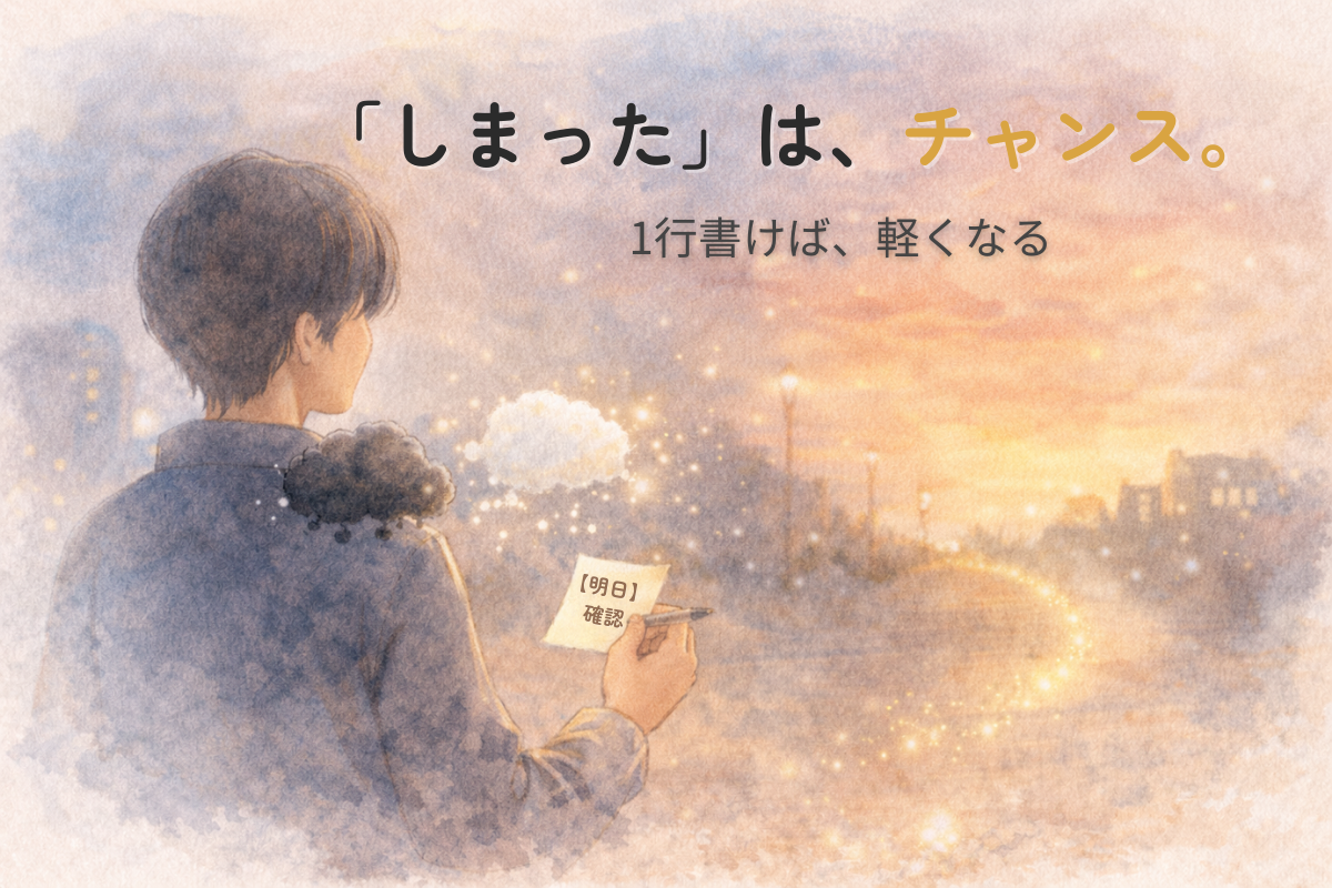 夕方の帰り道で人物の肩に黒い雲が乗るが、メモに1行書くと雲が白くほどけ、光の道が伸びる水彩イラスト