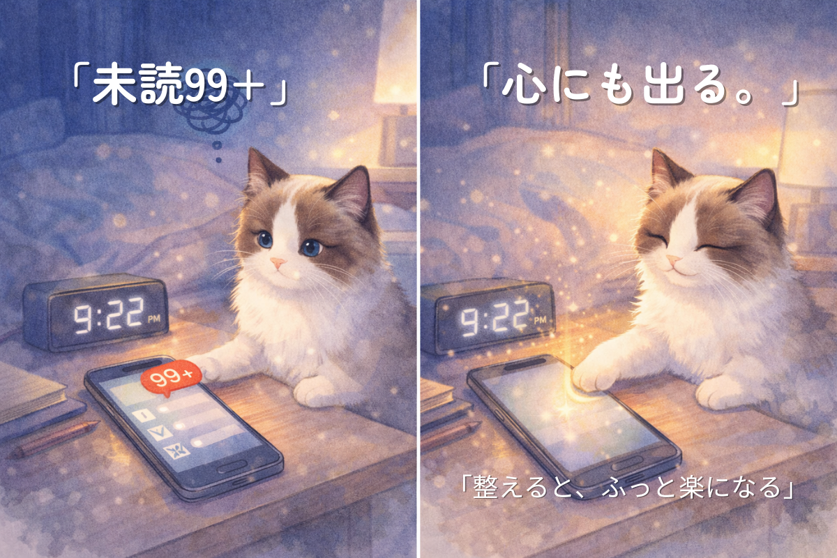 夜の部屋でラグドールがスマホの未読99+を気にし、通知を消すと光が広がって部屋が明るくなる二コマのイラスト