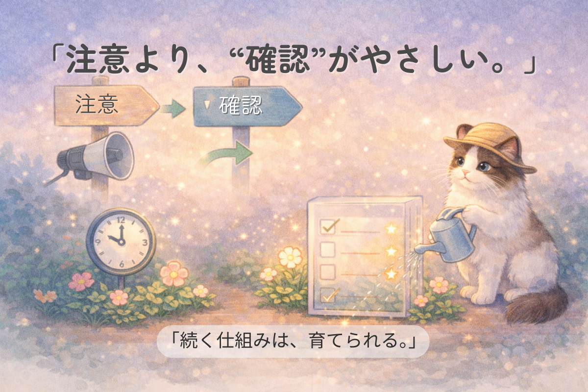 仕組みの庭で、メガホンが看板に変わり、時計とチェック表がある。庭師帽のラグドールがジョウロで花を育て、見える化と固定化を表すイラスト