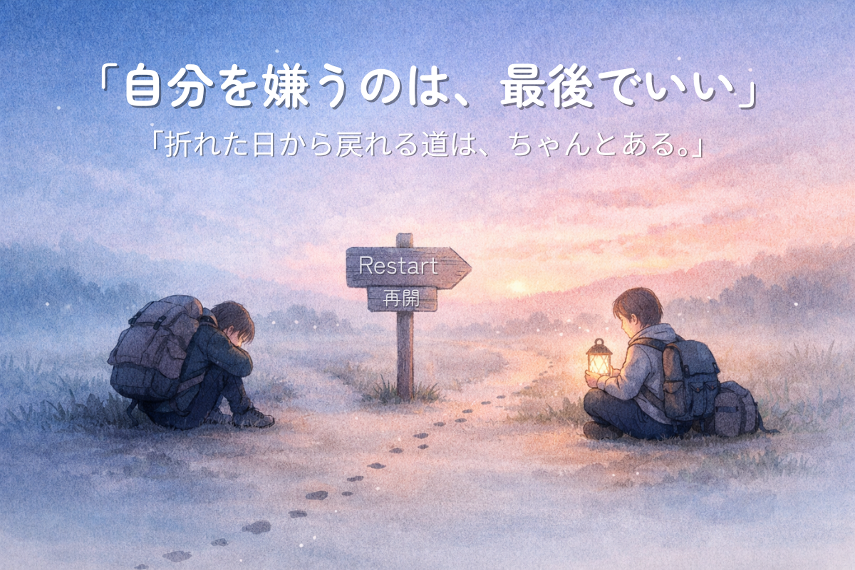 「夜明け前の道にRestartの標識。重い荷物でうずくまる自分と、荷物を軽くしてランタンを持ち直す自分が並ぶイラスト」