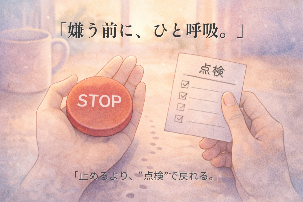 「手のひらのSTOPボタンを押しそうで押さない手と、『点検』のチェック紙を持つ手。窓明かりの室内イラスト」