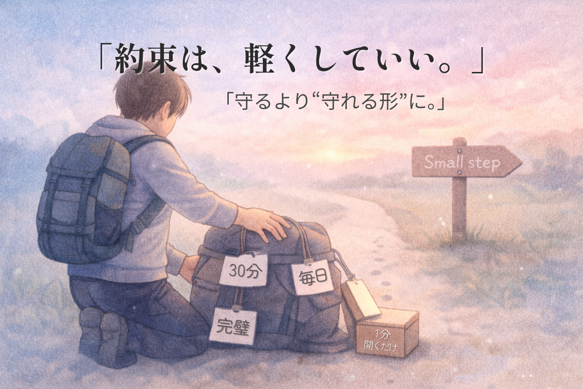 「旅人が『毎日』『完璧』『30分』と書かれた重い荷物を降ろし、小さな箱を持つ。Small stepの道標がある水彩イラスト」