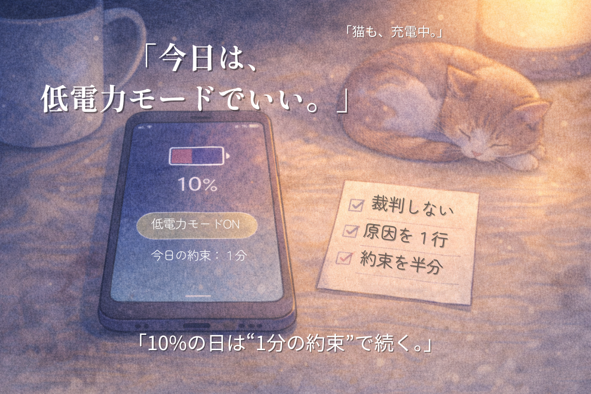 「夜の机でバッテリー10%のスマホと『裁判しない/原因を1行/約束を半分』のメモ。隅で丸く寝る猫がいる水彩イラスト」