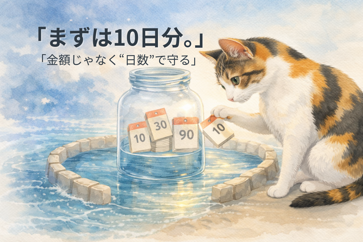 防波堤に囲まれた静かな水面のそばで、三毛猫が日めくりをめくり、透明な瓶の中に10・30・90と書かれた小さなカレンダーが入っているイラスト