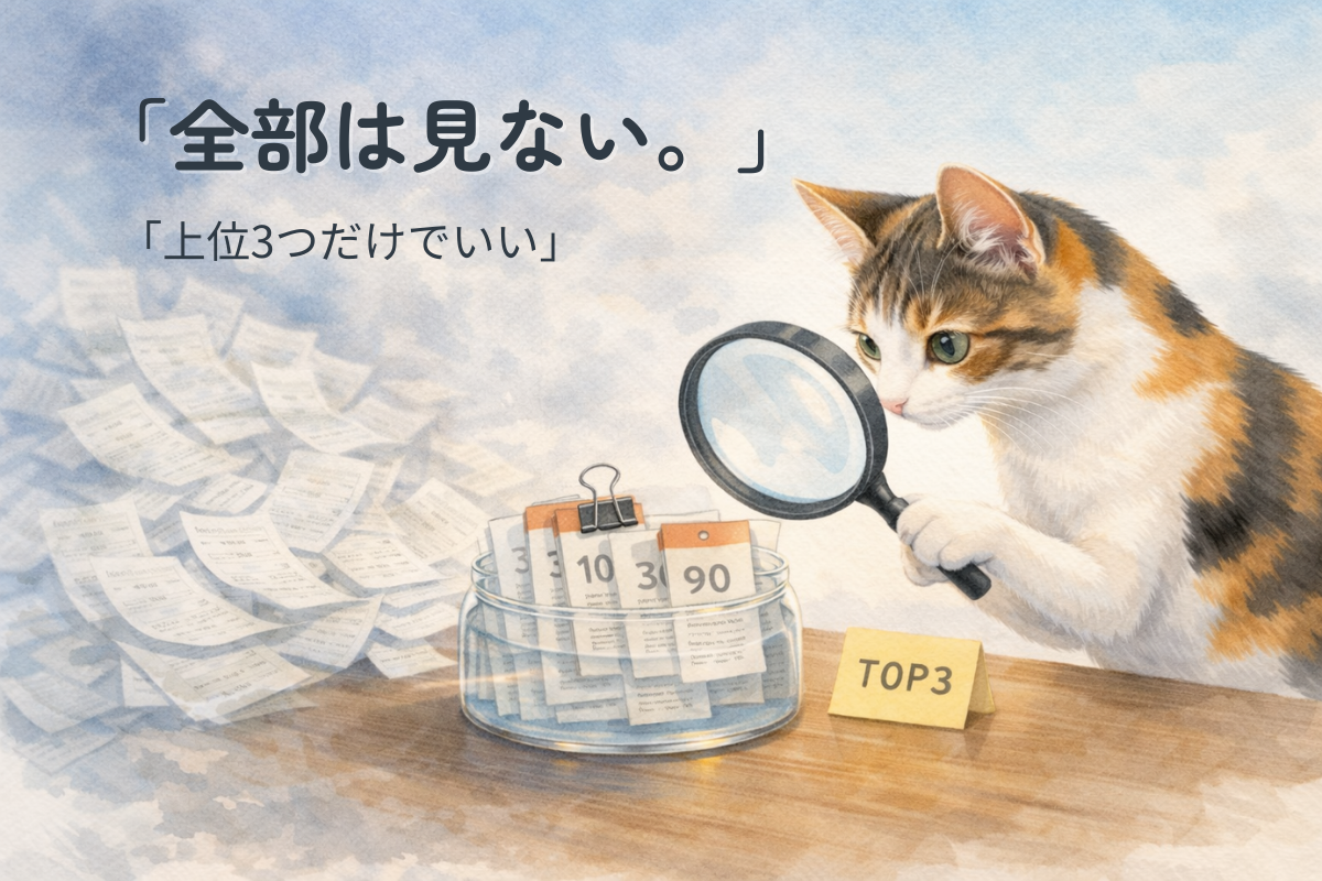山盛りのレシートが霧のようにぼける中、三毛猫が大きめの虫眼鏡でクリップ留めされた3枚のレシートだけを見ているイラスト