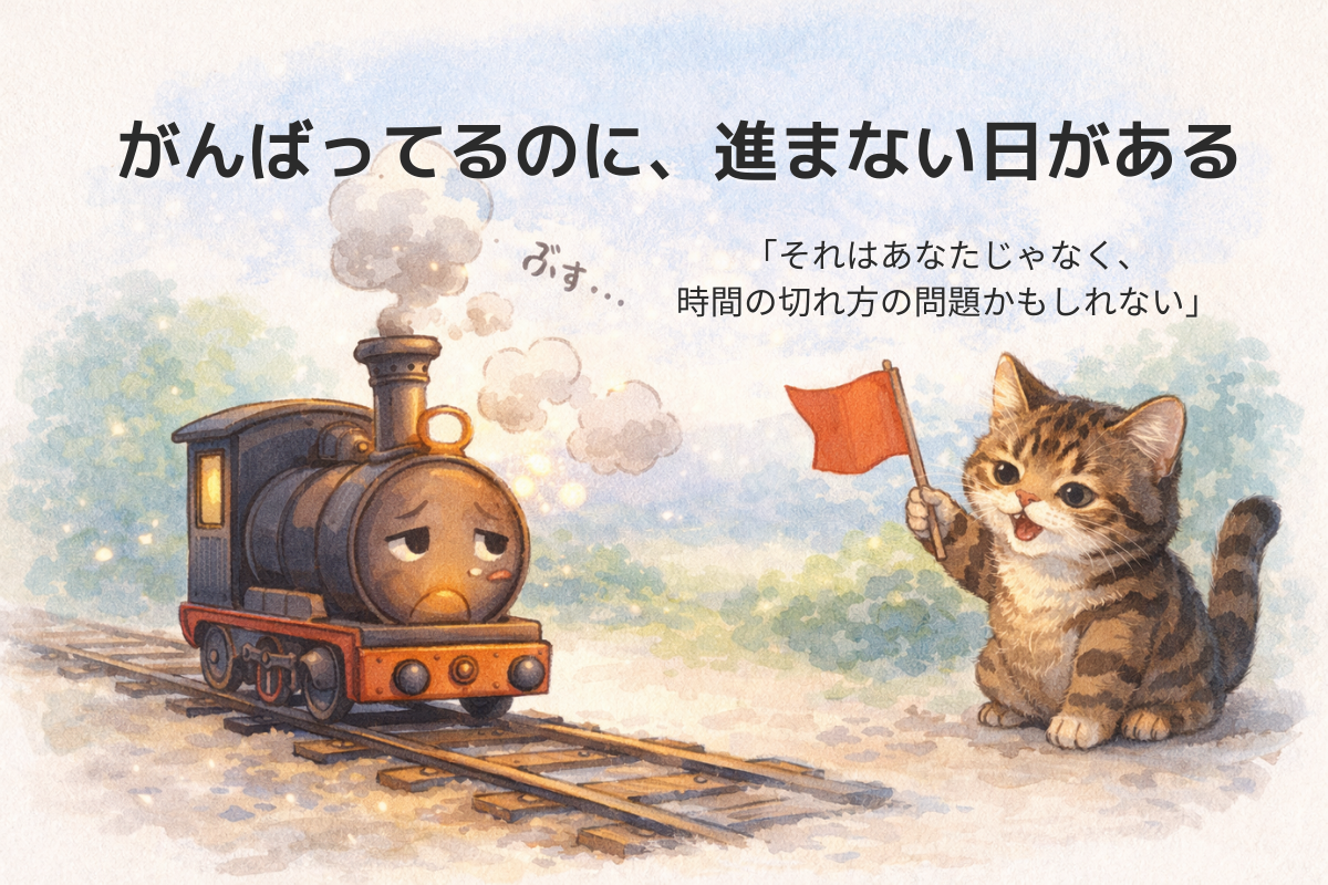 短い線路で止まりがちな小さな機関車と、旗を振って応援するキジトラ猫。隙間時間では毎回立ち上げで終わる様子を表すイラスト