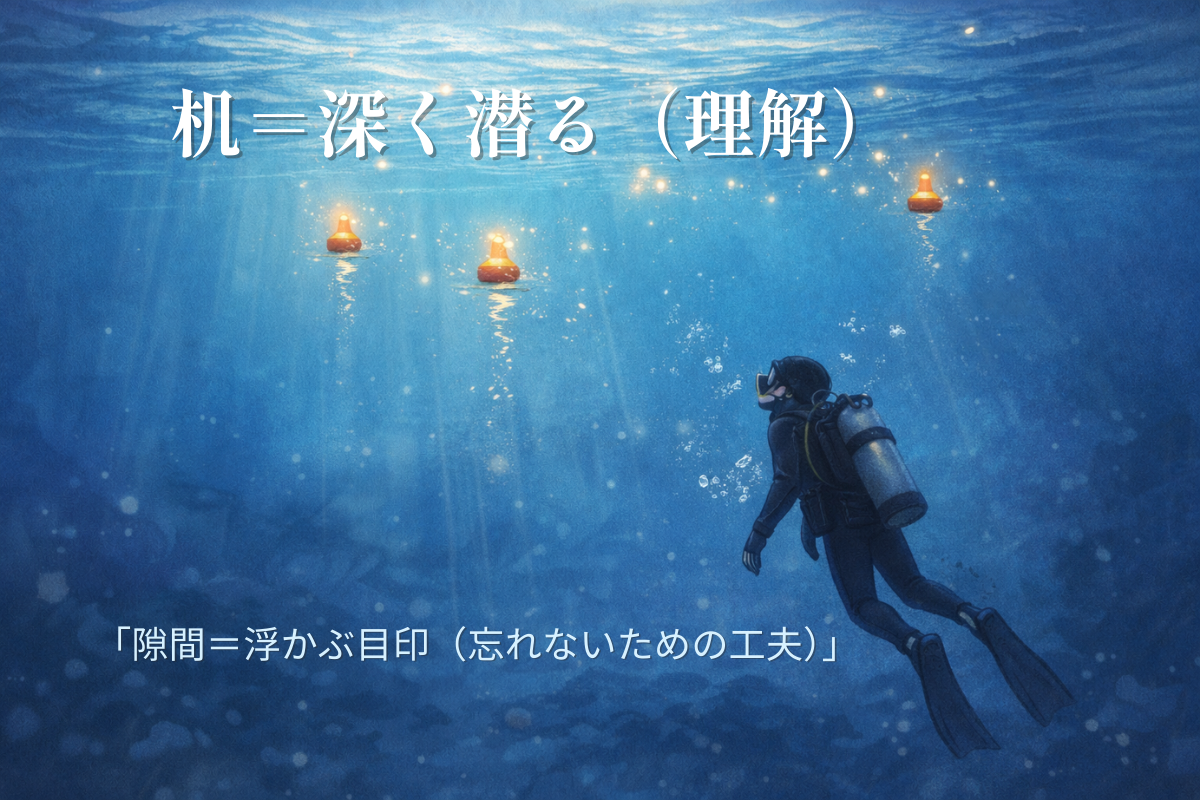 水中を進むダイバーが、海面に浮かぶ複数のブイを目印にして潜る。机で理解し、隙間時間で思い出す学習法を表すイラスト