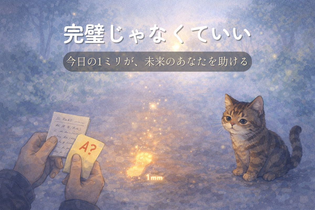 霧の道に小さく光る足あとがあり、手にメモとカードを持つ人物のそばでキジトラ猫が背中を押す。小さな一歩で未来が変わることを表すイラスト