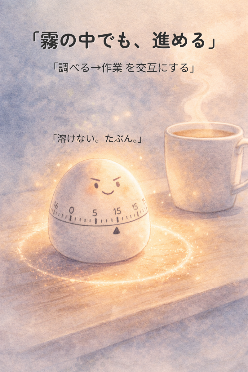 机の上のキッチンタイマーとマグカップが柔らかい光に包まれたイラスト