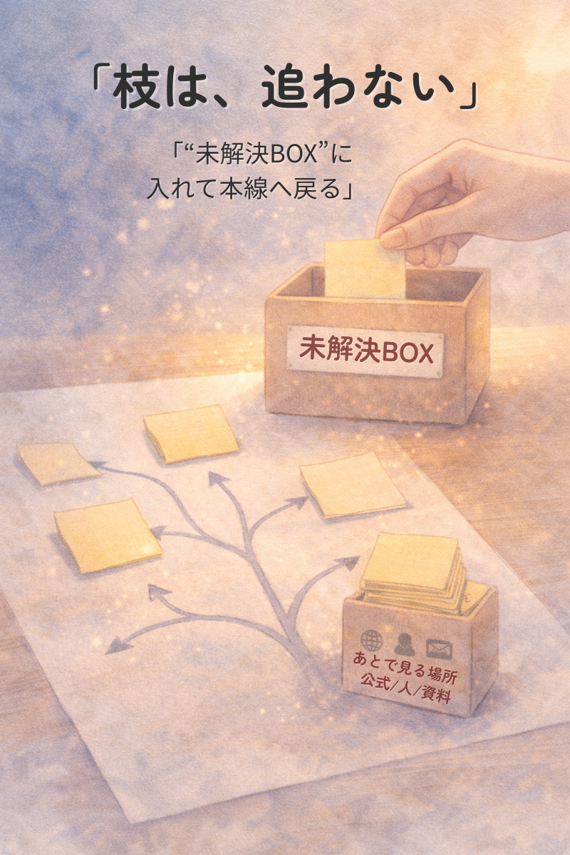 枝分かれする矢印の付箋を手が未解決BOXに入れて整理するイラスト