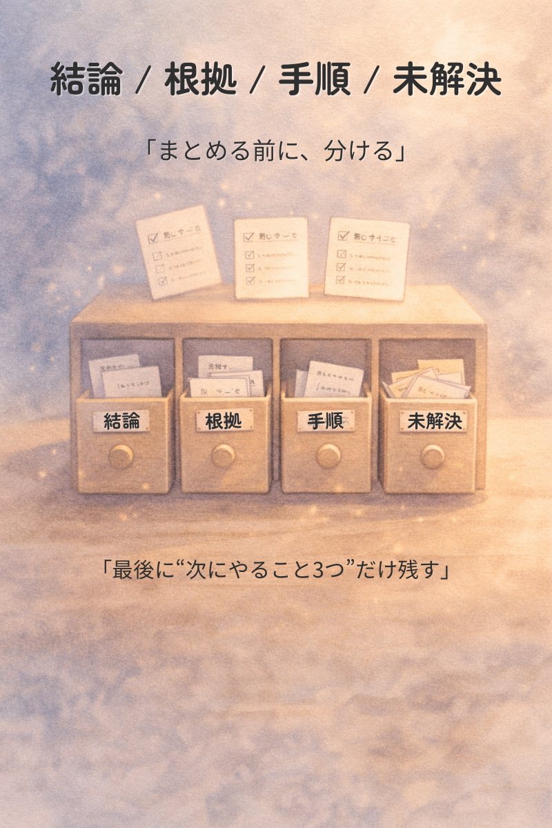4つの引き出しにメモを分類して整理し、次にやることが残るイラスト