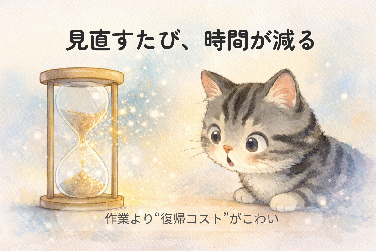 砂時計を覗き込むサバトラ猫と、砂が光の粒になって舞い上がり消えていく様子を描いた淡い水彩イラスト