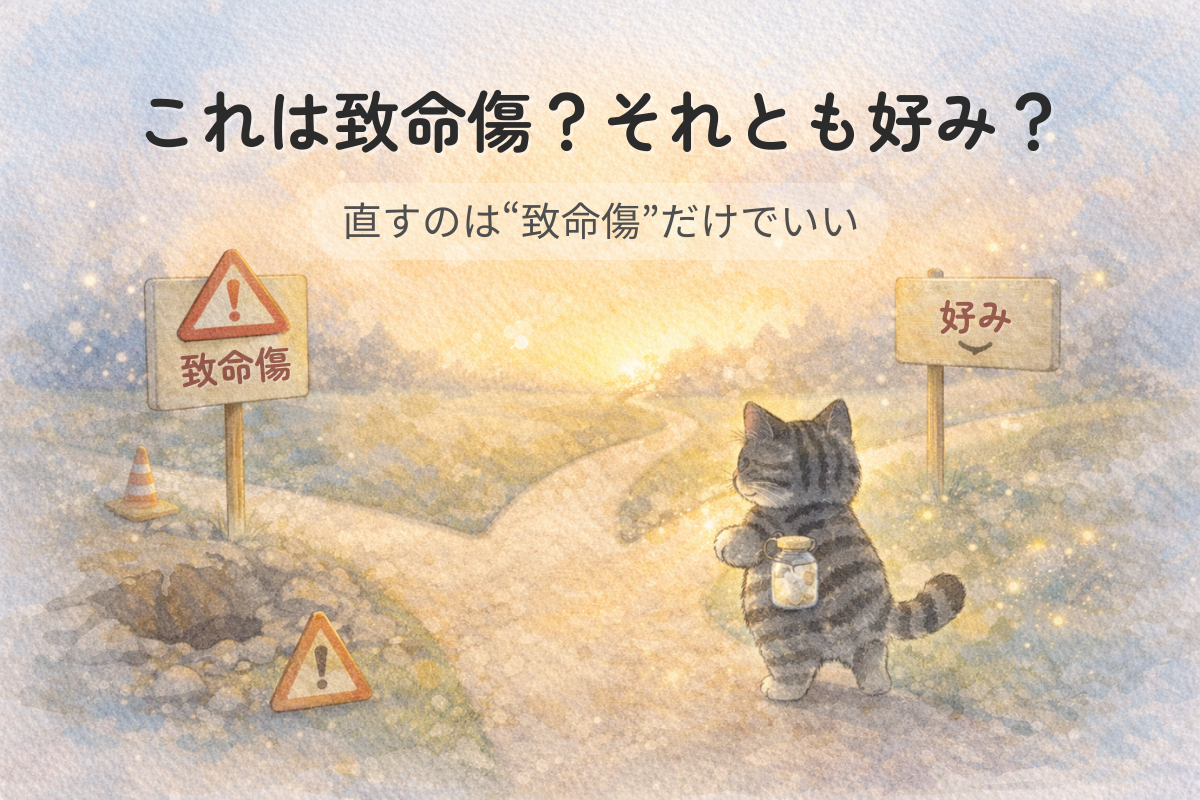 夕暮れの分岐路で、左の危険な道と右の穏やかな道が示され、サバトラ猫が小瓶にモヤモヤを入れて右へ進む水彩イラスト