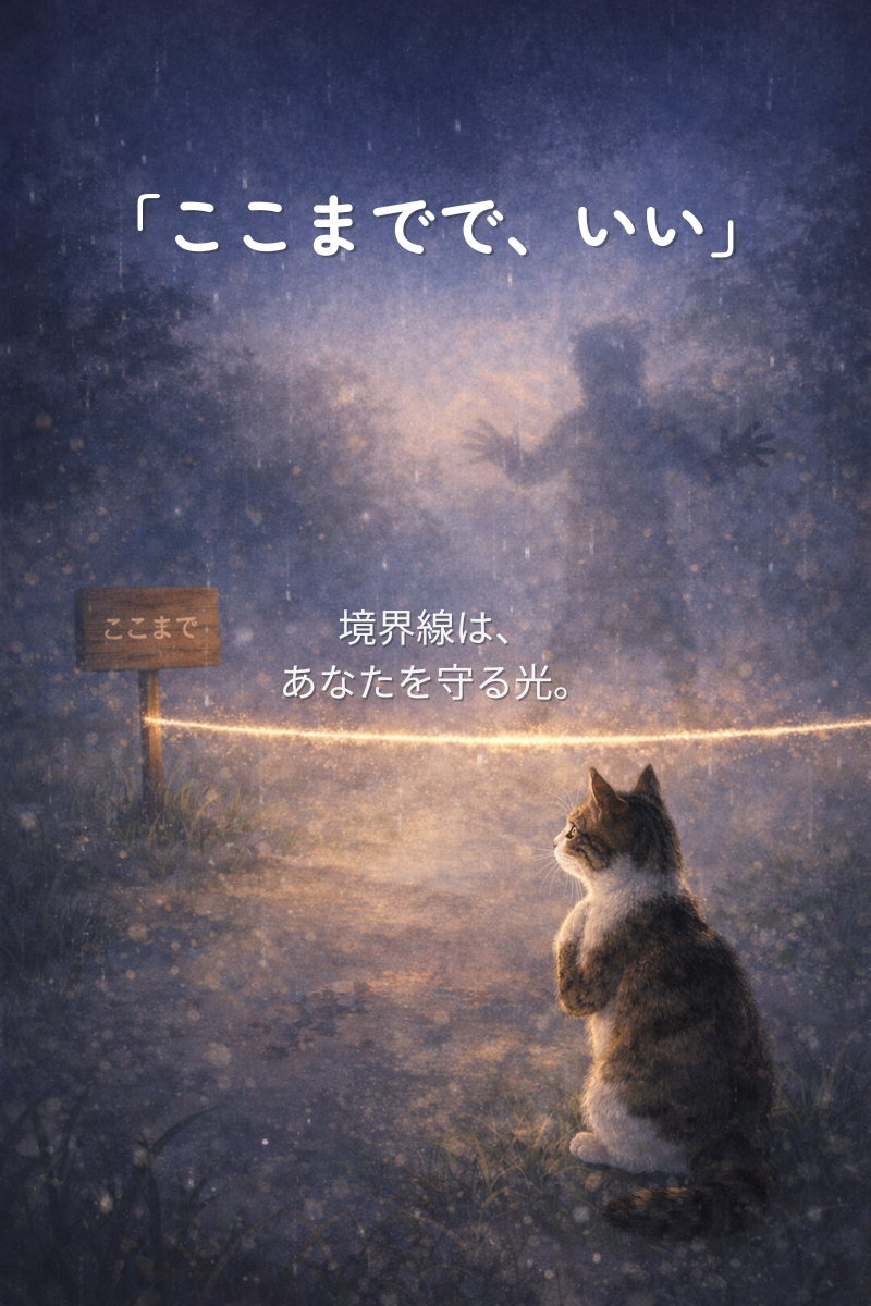 夜の草原に光るロープの境界線が伸び、札に「ここまで」。向こう側の影を越えさせず、手前で深呼吸するキジ白猫のイラスト