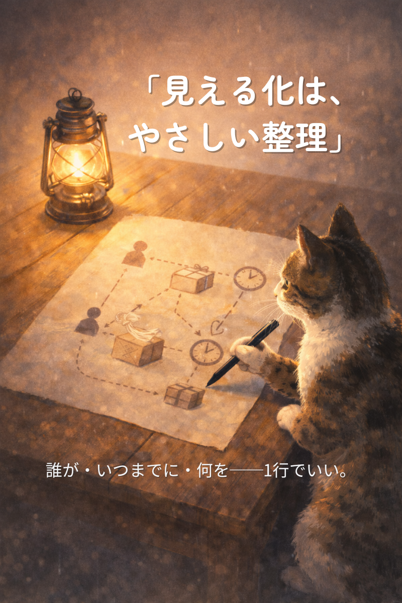 木のテーブルで手描きのタスク地図にペンで書き込むキジ白猫。ランタンの暖かい光と、人・時計・小包アイコンが線で結ばれたイラスト