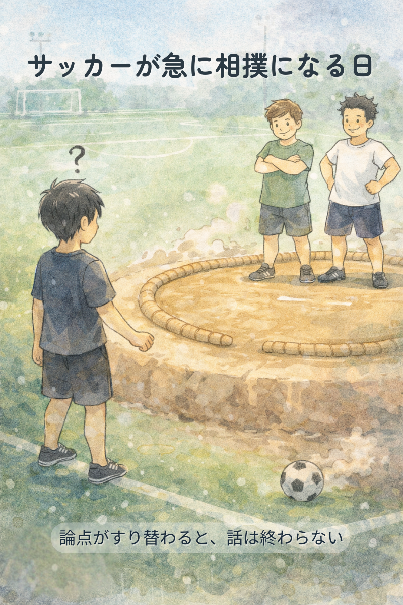 サッカーコートの地面が相撲の土俵に変わり、困惑する主人公と余裕の相手、足元にボールが転がる水彩イラスト