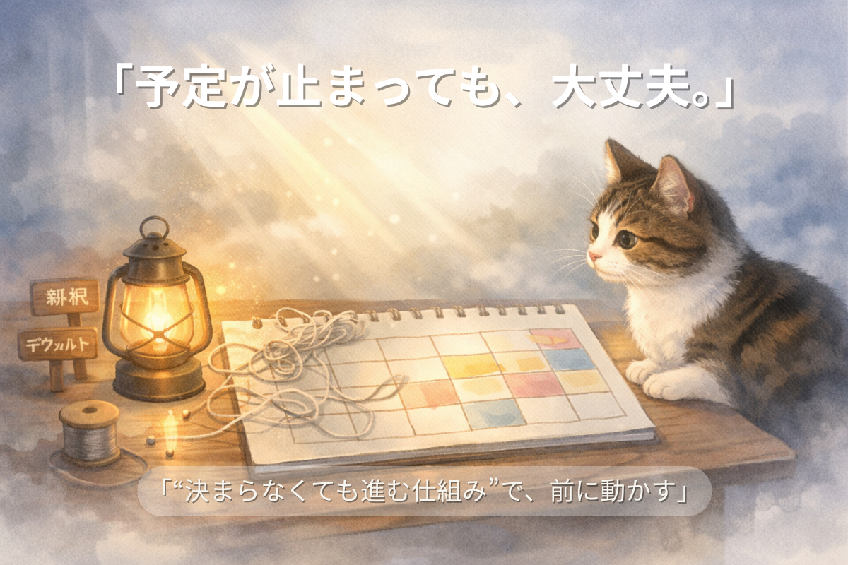 ランタンの光で糸がほどけ、色づく予定表を見つめるキジ白猫。決まらなくても進む仕組みを表すイラスト