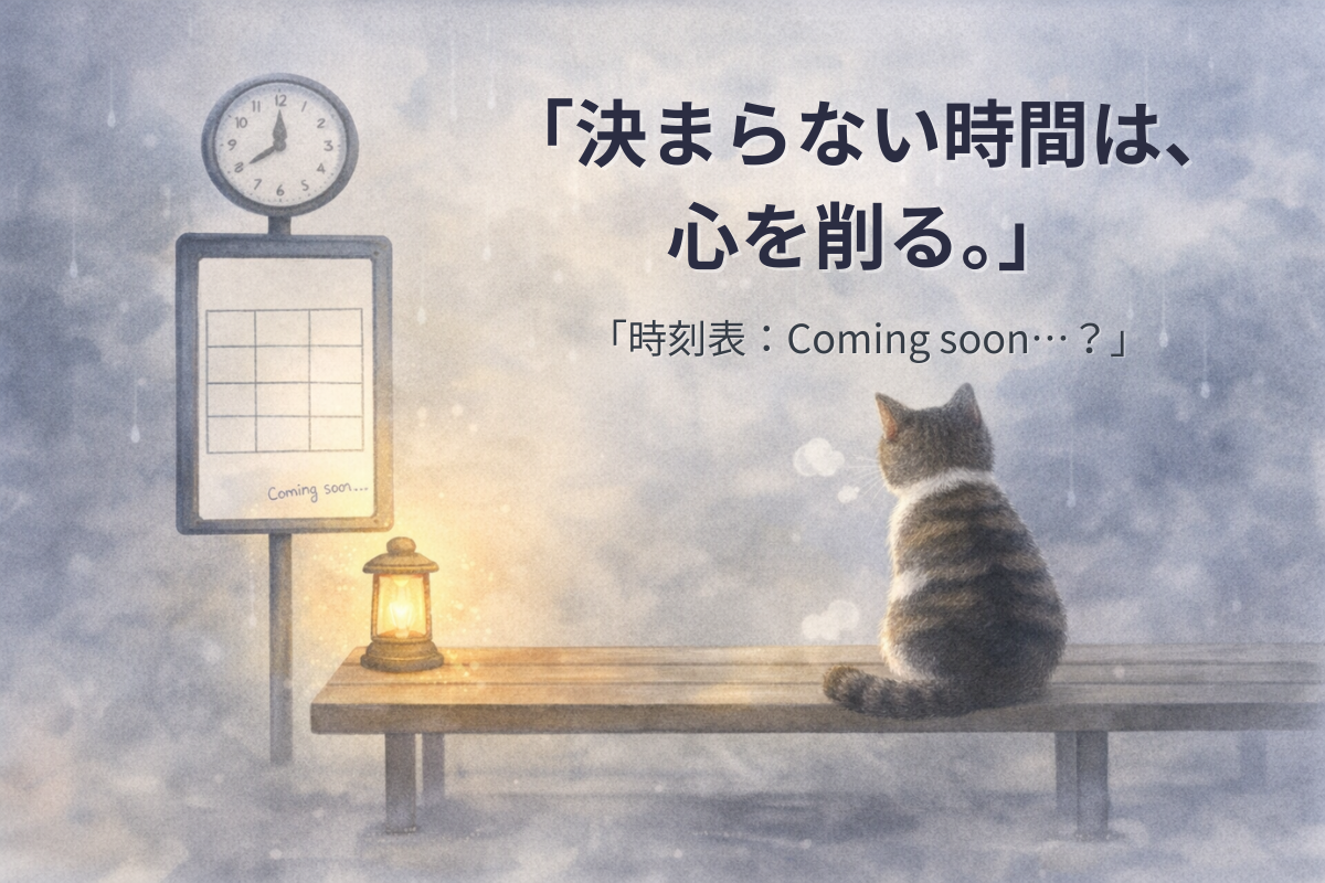 霧のバス停でキジ白猫がベンチに座り、空白の時刻表と時計を見つめる。決まらない時間のストレスを表すイラスト