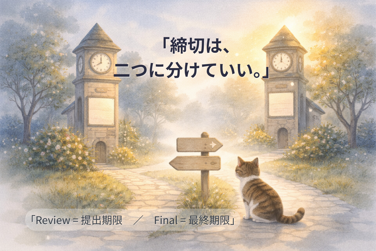 朝の小さな街に二つの時計塔が並び、キジ白猫が道標の前で進む道を選んでいる。提出期限と最終期限の二段階締切を表すイラスト