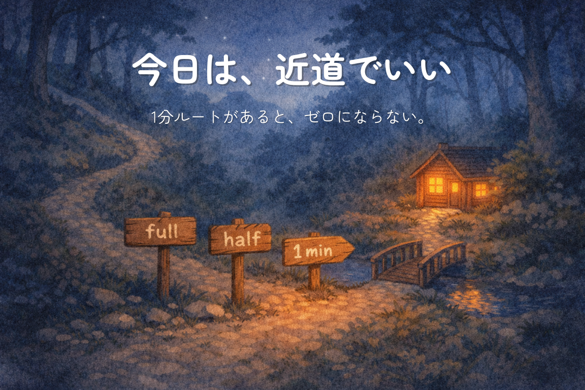 山道の分岐点に3つの木の看板があり、短い道の先に暖かい光の小屋が見える。