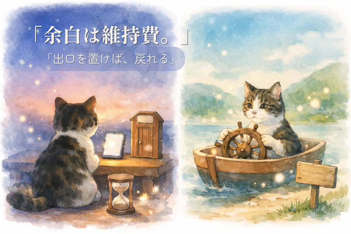 夜明けの机と出口のイメージ