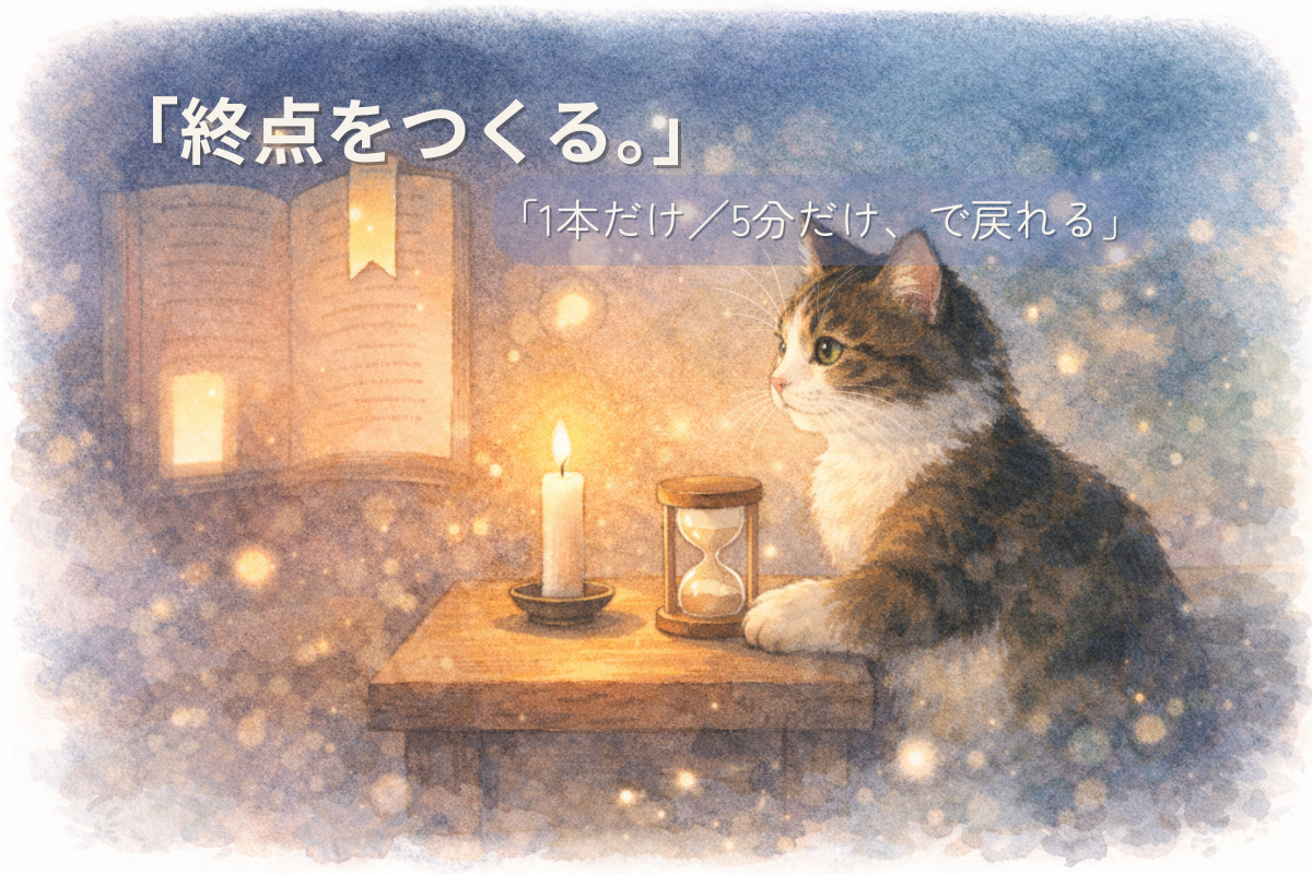 キジ白猫がろうそくと砂時計のそばで静かに座り、しおりと控えめな光る小窓が終点を示す水彩イラスト