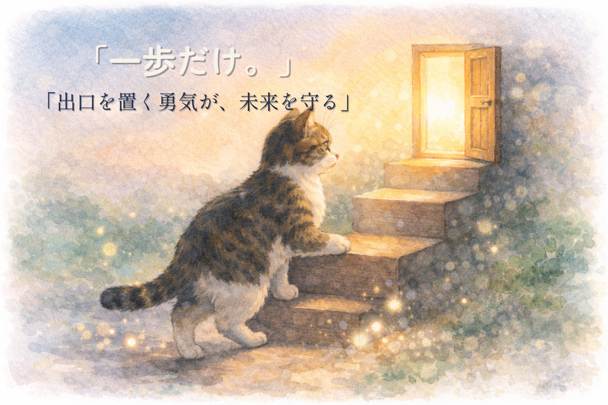 キジ白猫が一段だけの階段に足をかけ、朝の光が差す小さな扉へ向かう水彩イラスト