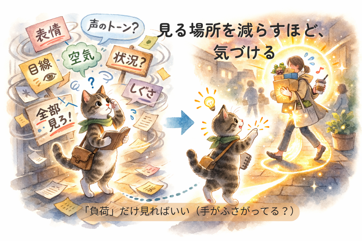 付箋や看板に囲まれて迷子になるキジ白猫が、手が塞がった人の手元だけが光っていることに気づくイラスト