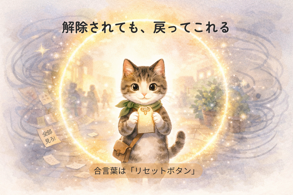 キジ白猫がお守り札を胸元に持ち、光の輪が広がって雑音の渦が輪の外で静まるイラスト
