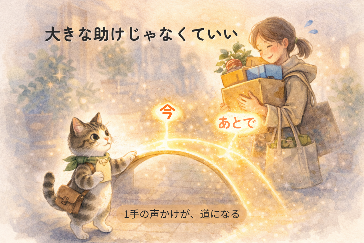 荷物で手が塞がった人に、キジ白猫が光の小さな橋を差し出し、二股の道が現れて安心するイラスト