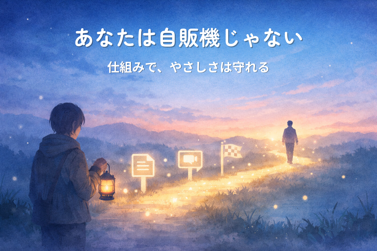 夜明けの空の下、弱いランタンの光が道しるべを照らし、もう一人が自分の足で歩き出すイラスト