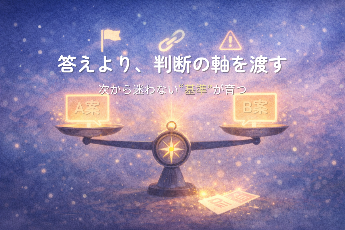 A案とB案のカードが乗った天秤の中心に光るコンパスがあり、目的・制約・リスクのアイコンが浮かぶイラスト